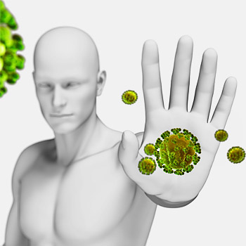 illustrazione raffigurante un uomo che cerca di proteggersi dai batteri