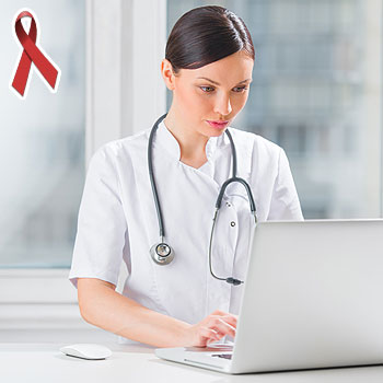 immagine di una dottoressa che guarda un computer con associato il fiocco simbolo della lotta all'Aids