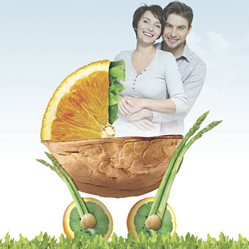 immagine tratta dalla copertina del programma del workshop raffigurante una coppia con una culla composta da frutta e verdura