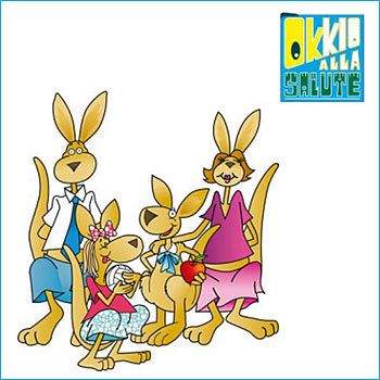 illustrazione raffigurante una famiglia di canguri utilizzata nelle brochure di Okkio alla salute e il relativo logo