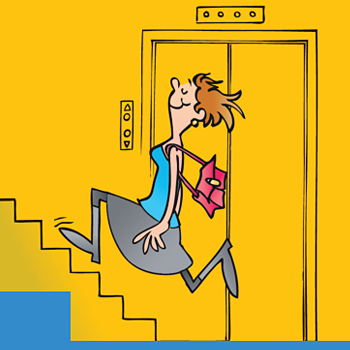 immagine tratta dall'opuscolo Ministero in forma raffigurante una donna che sceglie di prendere le scale invece dell'ascensore