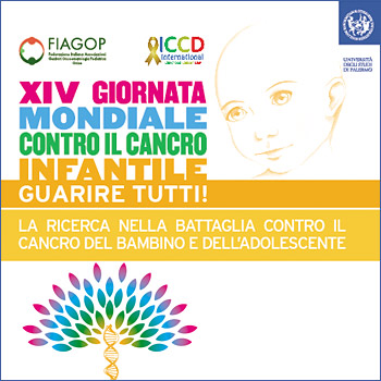 logo della XIV Giornata Mondiale contro il Cancro Infantile - Guarire tutti! La ricerca nella battaglia contro il cancro del bambino e dell'adolescente