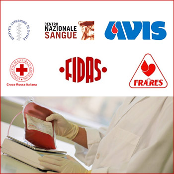 immagine con loghi di Istituto Superiore di Sanità, Centro nazionale sangue e Associazioni di volontari italiani del sangue AVIS, Croce Rossa Italiana, FIDAS, Fratres